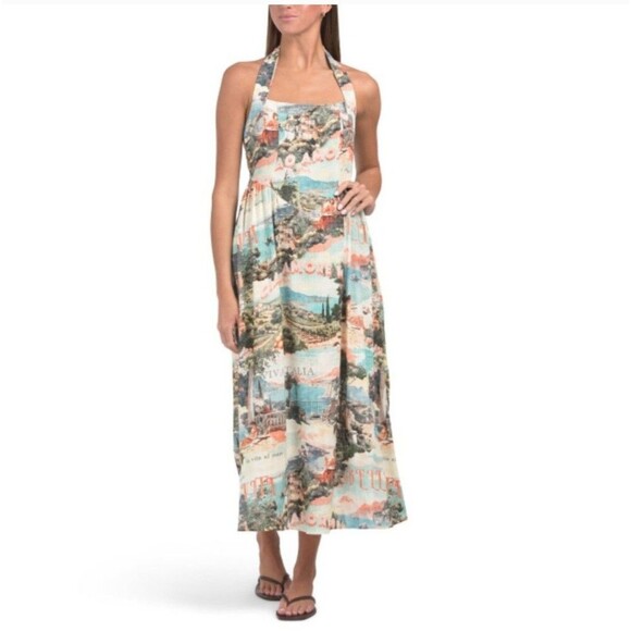 White Closet Rayon Linen Blend Halter Maxi Dress L Italy Italia Spell Out Print - Picture 1 of 9